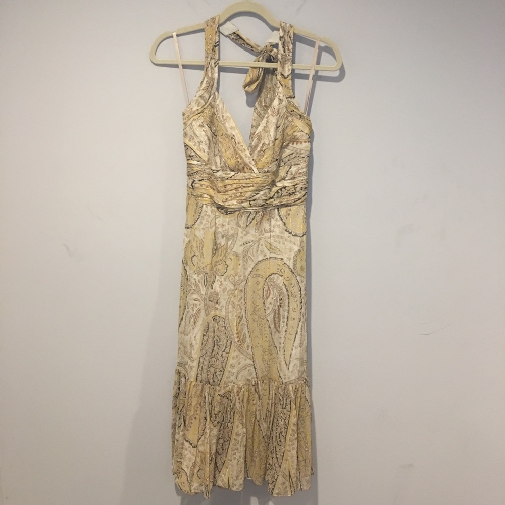 BCBGMAXAZRIA Paisley Halter Silk Dress Gold Size 8 - Picture 2 of 8